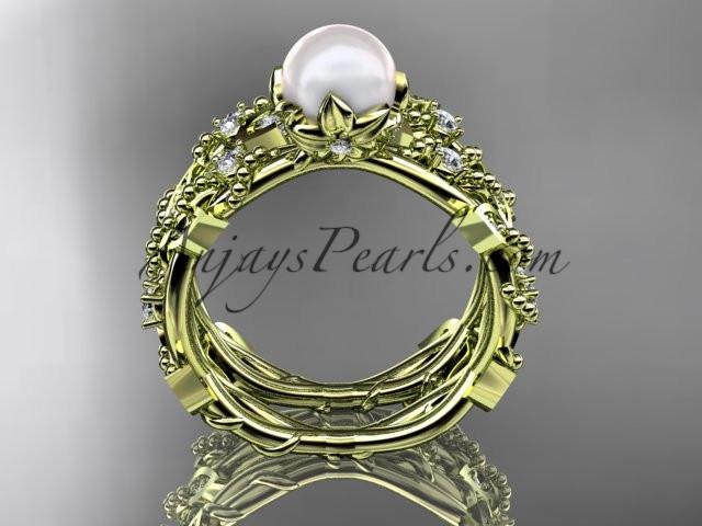 14k yellow gold diamond pearl vine and leaf engagement ring AP59S - AnjaysDesigns