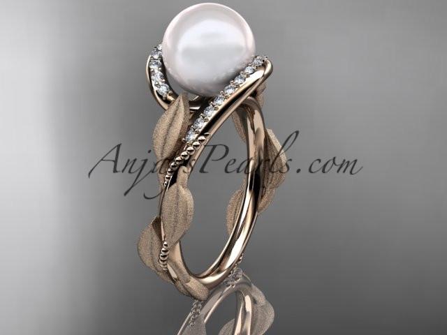 14k rose gold diamond pearl vine and leaf engagement ring AP64 - AnjaysDesigns