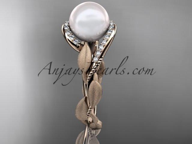 14k rose gold diamond pearl vine and leaf engagement ring AP64 - AnjaysDesigns