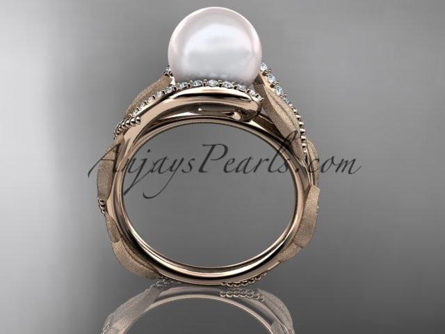 14k rose gold diamond pearl vine and leaf engagement ring AP64 - AnjaysDesigns