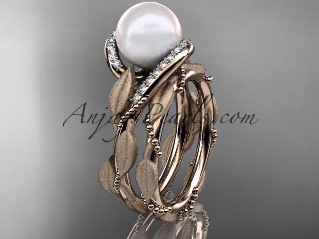 14k rose gold diamond pearl vine and leaf engagement set AP64S - AnjaysDesigns