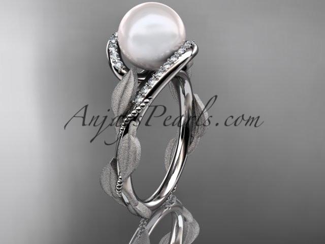 14k white gold diamond pearl vine and leaf engagement ring AP64 - AnjaysDesigns