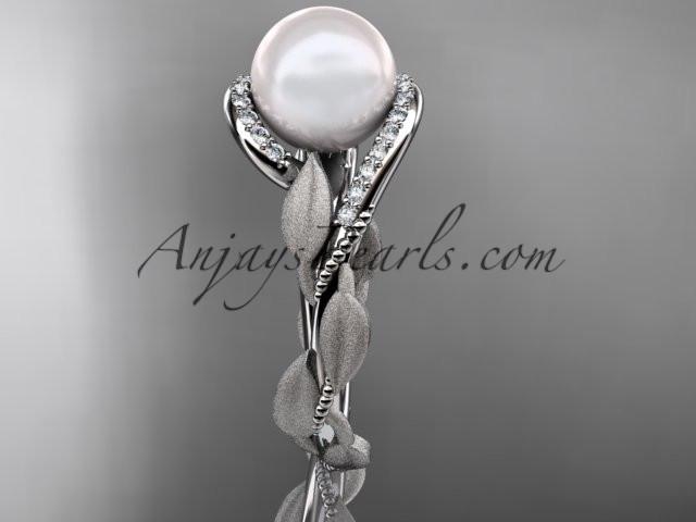 Platinum diamond pearl vine and leaf engagement ring AP64 - AnjaysDesigns