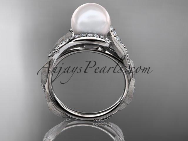 Platinum diamond pearl vine and leaf engagement ring AP64 - AnjaysDesigns