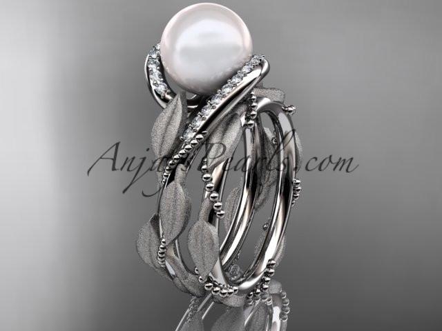 Platinum diamond pearl vine and leaf engagement set AP64S - AnjaysDesigns
