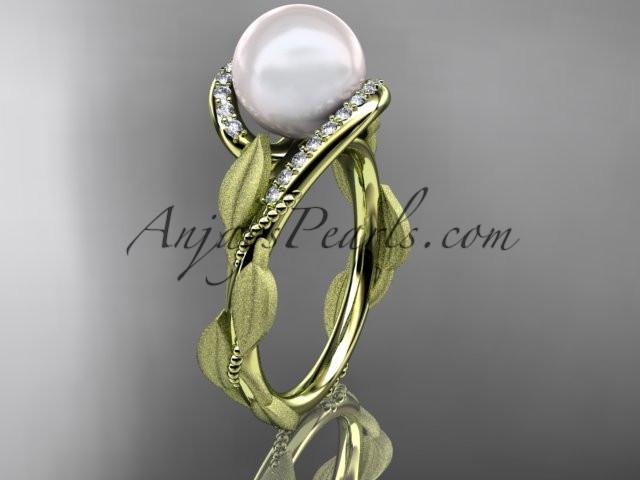14k yellow gold diamond pearl vine and leaf engagement ring AP64 - AnjaysDesigns
