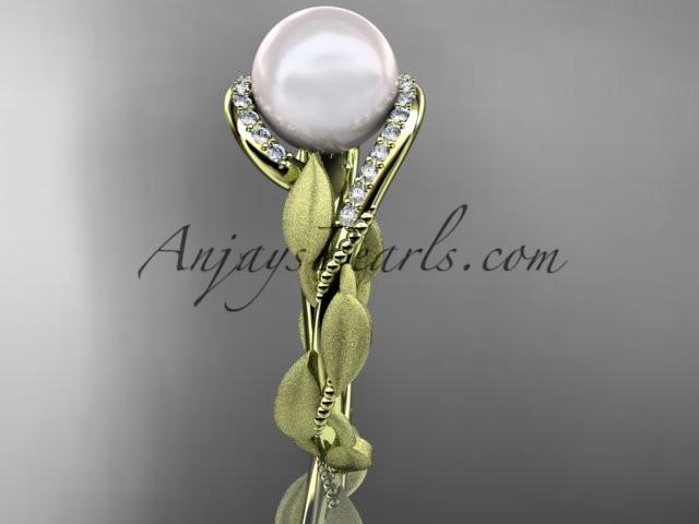 14k yellow gold diamond pearl vine and leaf engagement ring AP64 - AnjaysDesigns