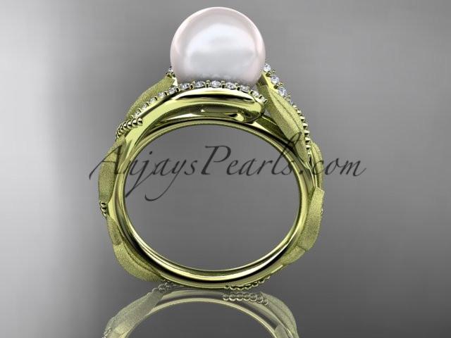 14k yellow gold diamond pearl vine and leaf engagement ring AP64 - AnjaysDesigns