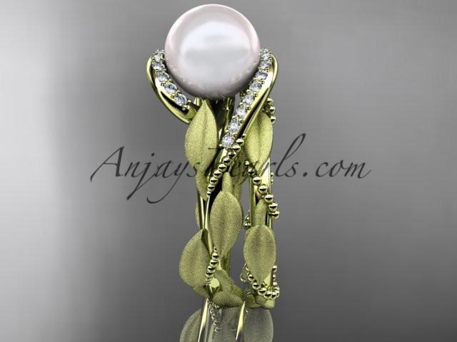 14k yellow gold diamond pearl vine and leaf engagement set AP64S - AnjaysDesigns
