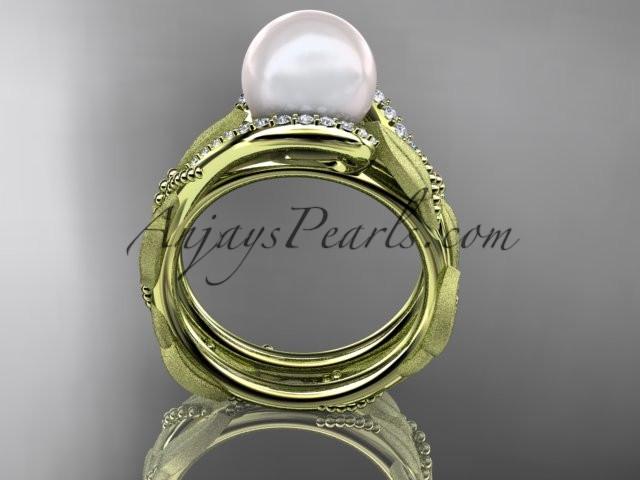 14k yellow gold diamond pearl vine and leaf engagement set AP64S - AnjaysDesigns