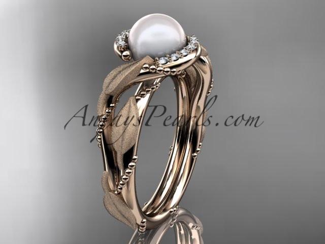14k rose gold diamond pearl vine and leaf engagement ring AP65 - AnjaysDesigns