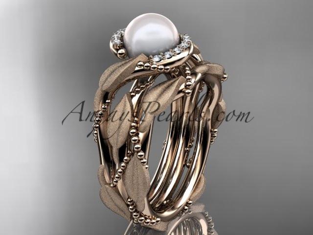 14k rose gold diamond pearl vine and leaf engagement set AP65S - AnjaysDesigns