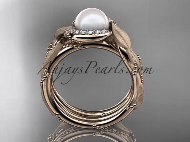 14k rose gold diamond pearl vine and leaf engagement set AP65S - AnjaysDesigns