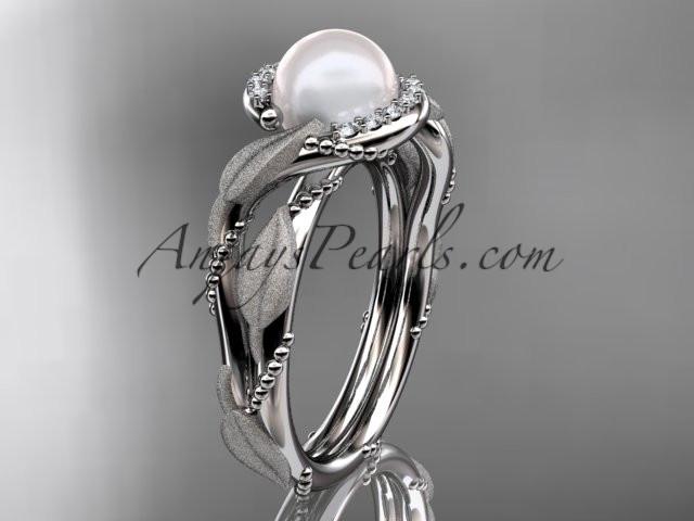 14k white gold diamond pearl vine and leaf engagement ring AP65 - AnjaysDesigns