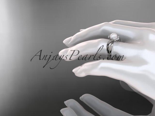 platinum diamond pearl vine and leaf engagement ring AP65 - AnjaysDesigns