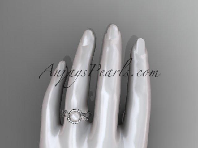 platinum diamond pearl vine and leaf engagement ring AP65 - AnjaysDesigns