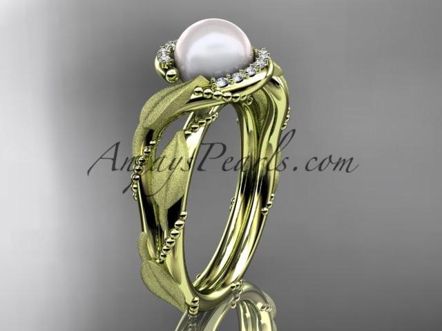 14k yellow gold diamond pearl vine and leaf engagement ring AP65 - AnjaysDesigns