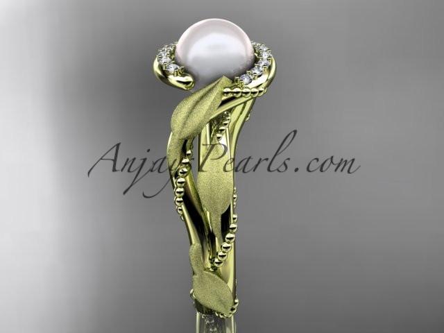 14k yellow gold diamond pearl vine and leaf engagement ring AP65 - AnjaysDesigns