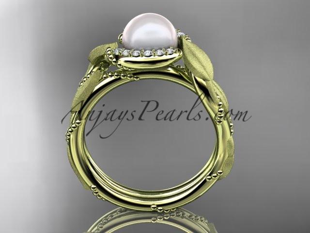 14k yellow gold diamond pearl vine and leaf engagement ring AP65 - AnjaysDesigns