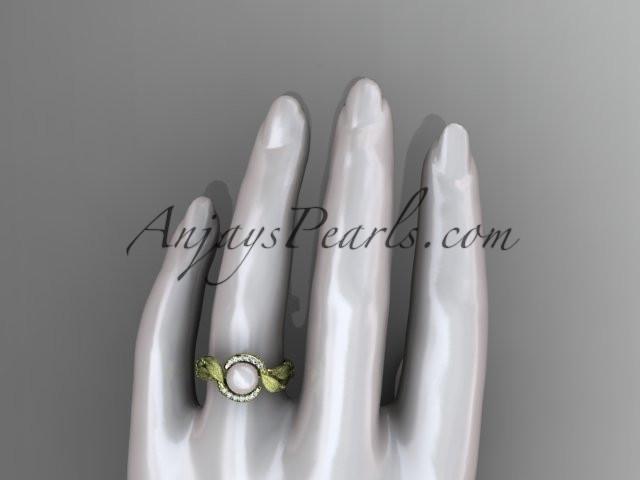 14k yellow gold diamond pearl vine and leaf engagement ring AP65 - AnjaysDesigns