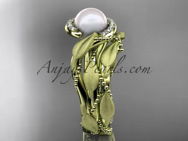 14k yellow gold diamond pearl vine and leaf engagement set AP65S - AnjaysDesigns