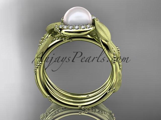 14k yellow gold diamond pearl vine and leaf engagement set AP65S - AnjaysDesigns