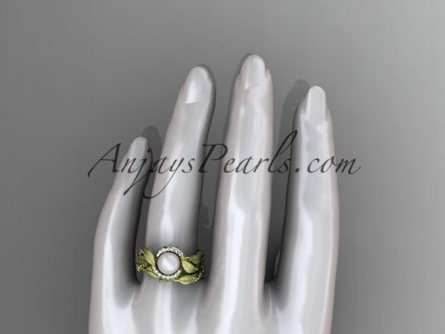 14k yellow gold diamond pearl vine and leaf engagement set AP65S - AnjaysDesigns