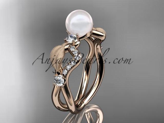 14k rose gold diamond pearl vine and leaf engagement ring AP68 - AnjaysDesigns