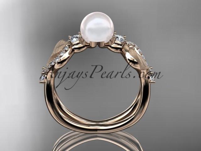 14k rose gold diamond pearl vine and leaf engagement ring AP68 - AnjaysDesigns