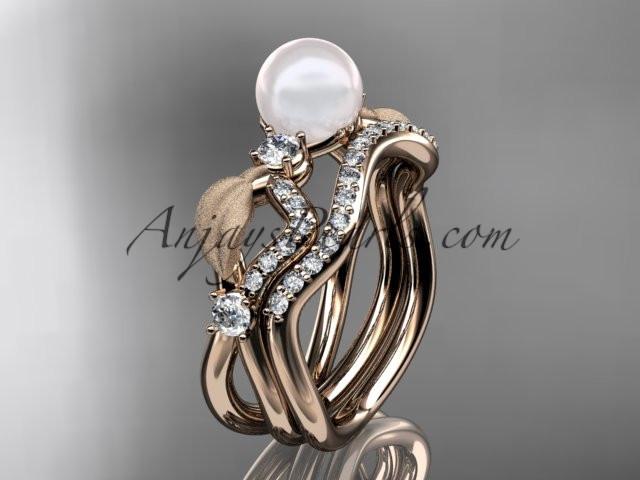 14k rose gold diamond pearl leaf engagement set AP68S - AnjaysDesigns