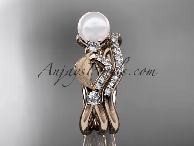 14k rose gold diamond pearl leaf engagement set AP68S - AnjaysDesigns
