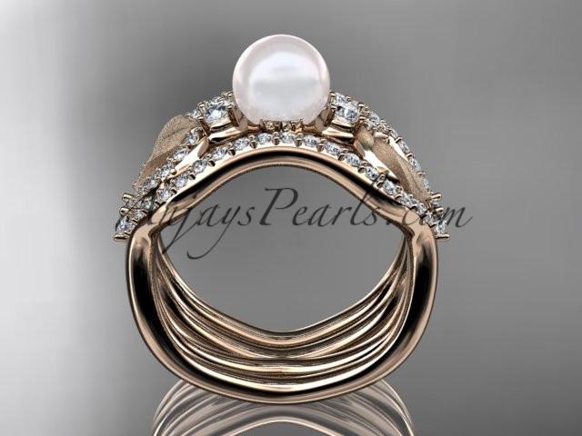 14k rose gold diamond pearl leaf engagement ring with double matching band AP68S - AnjaysDesigns
