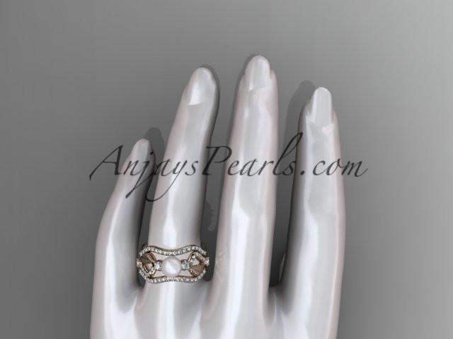 14k rose gold diamond pearl leaf engagement ring with double matching band AP68S - AnjaysDesigns