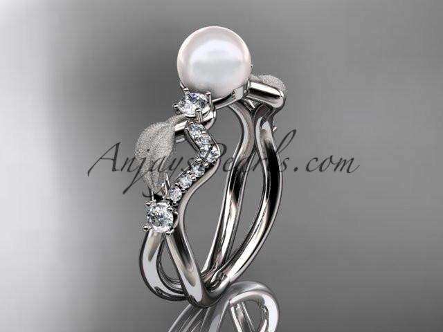 14k white gold diamond pearl vine and leaf engagement ring AP68 - AnjaysDesigns