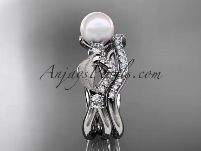 14k white gold diamond pearl leaf engagement set AP68S - AnjaysDesigns