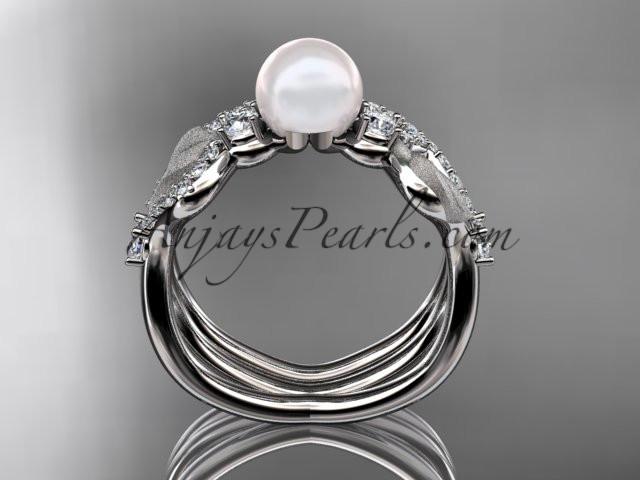 14k white gold diamond pearl leaf engagement set AP68S - AnjaysDesigns