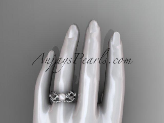 14k white gold diamond pearl leaf engagement set AP68S - AnjaysDesigns