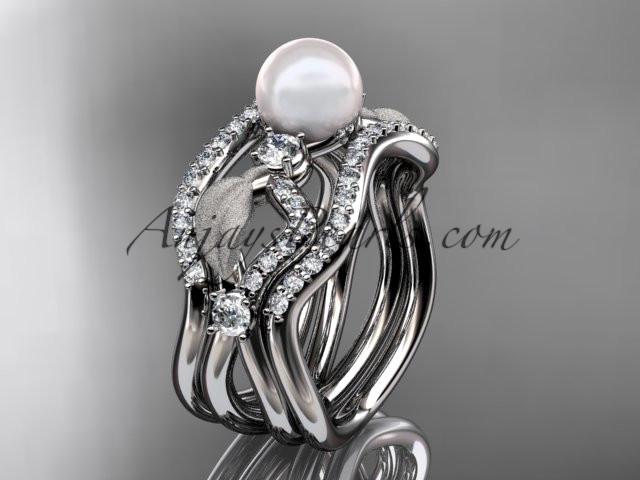 14k white gold diamond pearl leaf engagement ring with double matching band AP68S - AnjaysDesigns