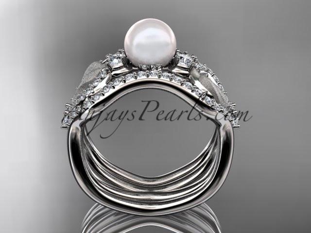 14k white gold diamond pearl leaf engagement ring with double matching band AP68S - AnjaysDesigns