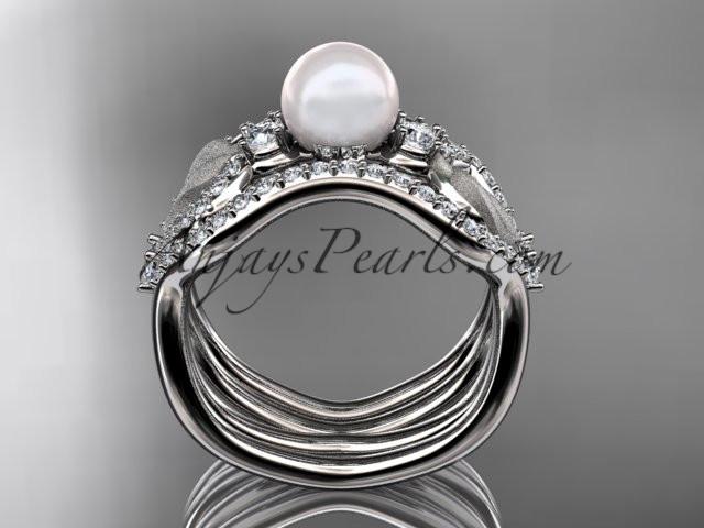 platinum diamond pearl leaf engagement ring with double matching band AP68S - AnjaysDesigns