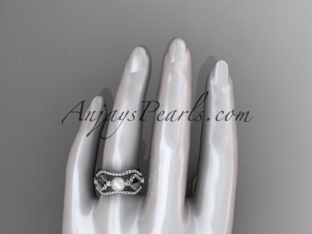 14k white gold diamond pearl leaf engagement ring with double matching band AP68S - AnjaysDesigns