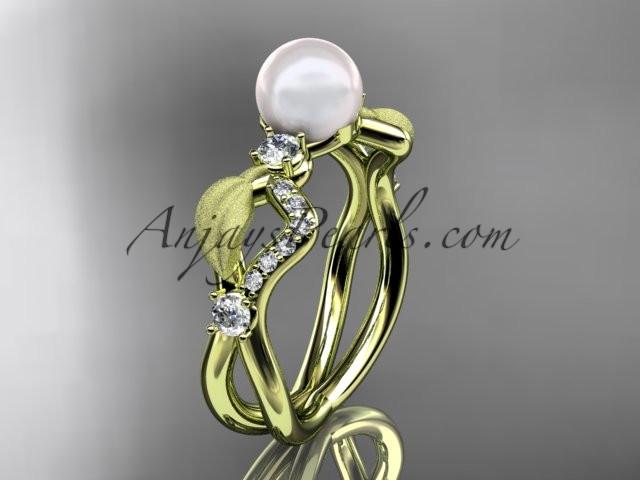 14k yellow gold diamond pearl vine and leaf engagement ring AP68 - AnjaysDesigns