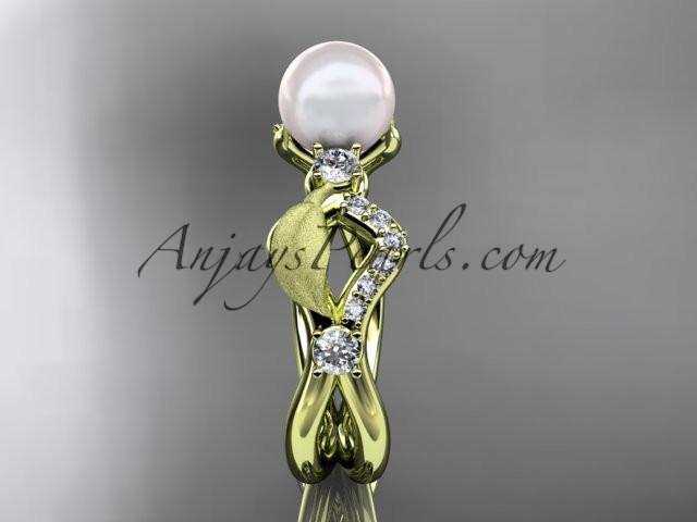 14k yellow gold diamond pearl vine and leaf engagement ring AP68 - AnjaysDesigns