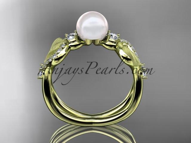 14k yellow gold diamond pearl vine and leaf engagement ring AP68 - AnjaysDesigns