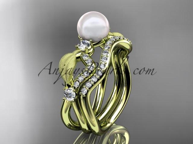 14k yellow gold diamond pearl leaf engagement set AP68S - AnjaysDesigns