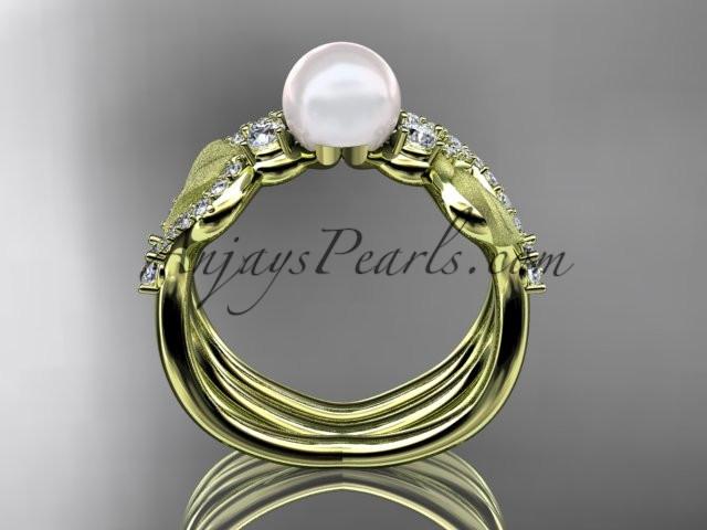 14k yellow gold diamond pearl leaf engagement set AP68S - AnjaysDesigns