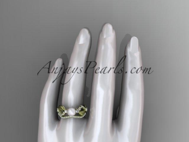 14k yellow gold diamond pearl leaf engagement set AP68S - AnjaysDesigns