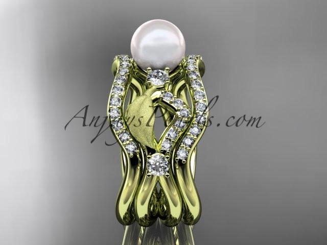 14k yellow gold diamond pearl leaf engagement ring with double matching band AP68S - AnjaysDesigns