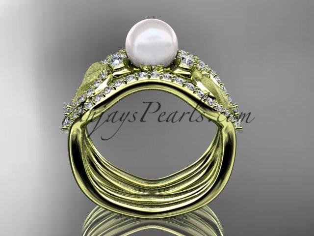 14k yellow gold diamond pearl leaf engagement ring with double matching band AP68S - AnjaysDesigns