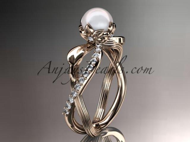14k rose gold diamond pearl vine and leaf engagement ring AP70 - AnjaysDesigns